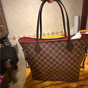 Louis Vuitton Brown Checkered Tote with Red Interior